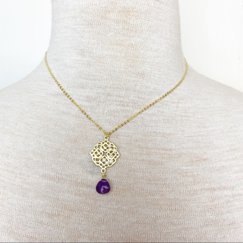 💕 Gold Pendant Necklace semi precious stone Purple
